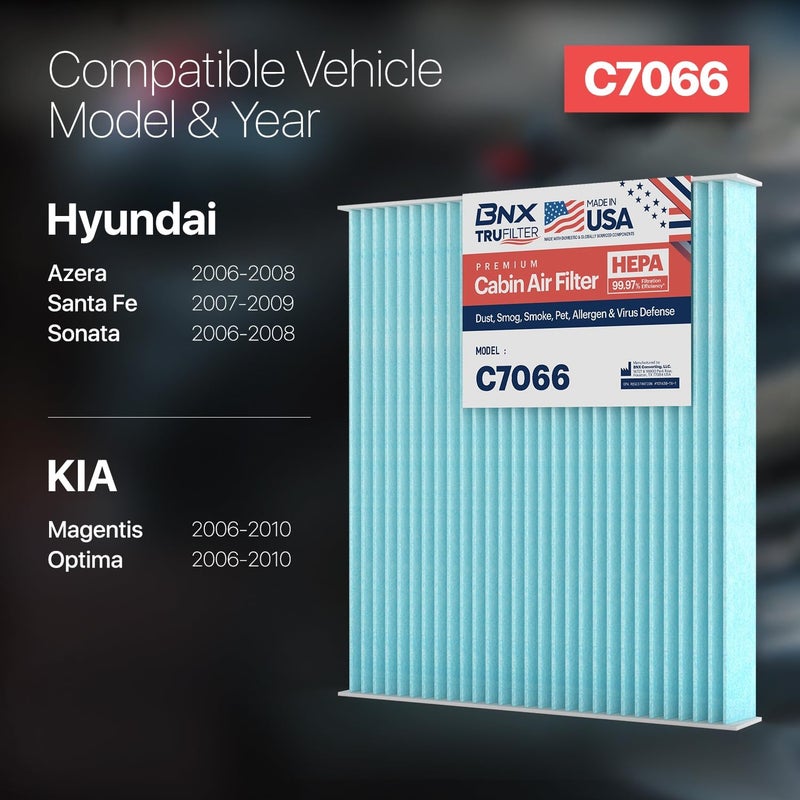 BNX TruFilter C7066 Cabin Air Filter, HEPA 99.97%, Compatible With Hyundai: Santa Fe, Sonata, Azera, Kia: Magentis, Optima - Image 2
